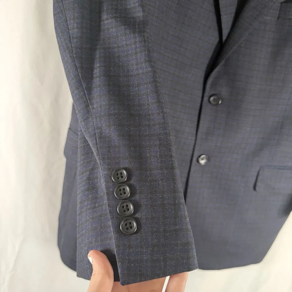 Jos A Bank Silk Wool Blazer Men's 44R Blue Plaid 2 Button Front Tailored Fit